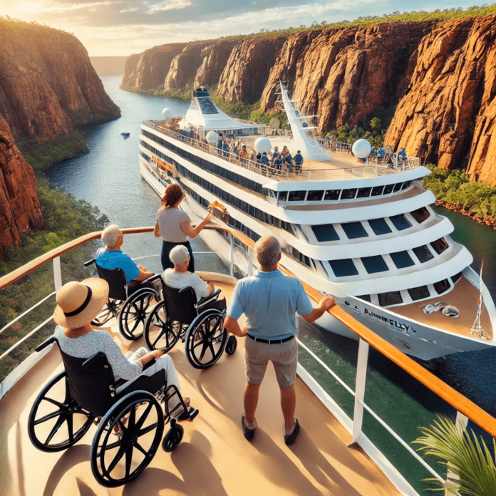 Disabled travelers participating in an accessible shore excursion during a luxury Kimberley cruise, with wheelchair-accessible ramps and breathtaking landscapes.