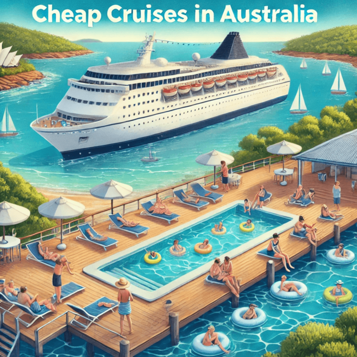 Passengers enjoying affordable cruise accommodations in Australia, with scenic views of the coastline and engaging in budget-friendly onboard activities like pool lounging and buffet dining.