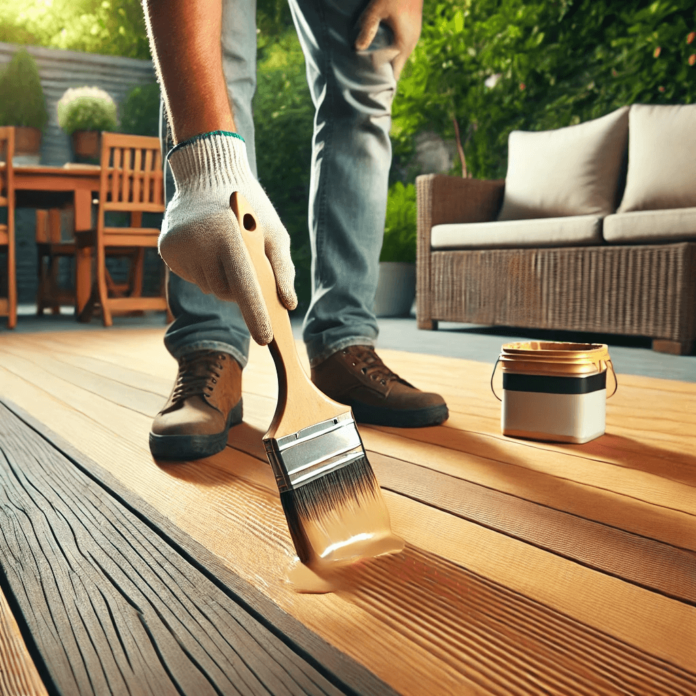 A person applying a protective finish to timber decking in a backyard setting, ensuring the wood is protected from moisture and UV damage.