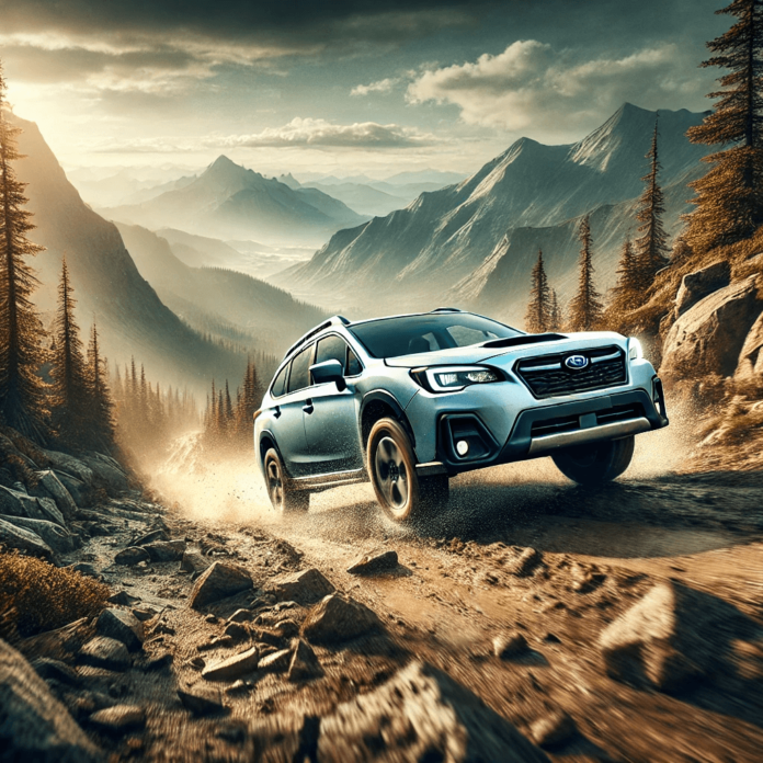 Subaru vehicle navigating rugged off-road terrain with Symmetrical AWD and high ground clearance, showcasing its off-road capabilities.