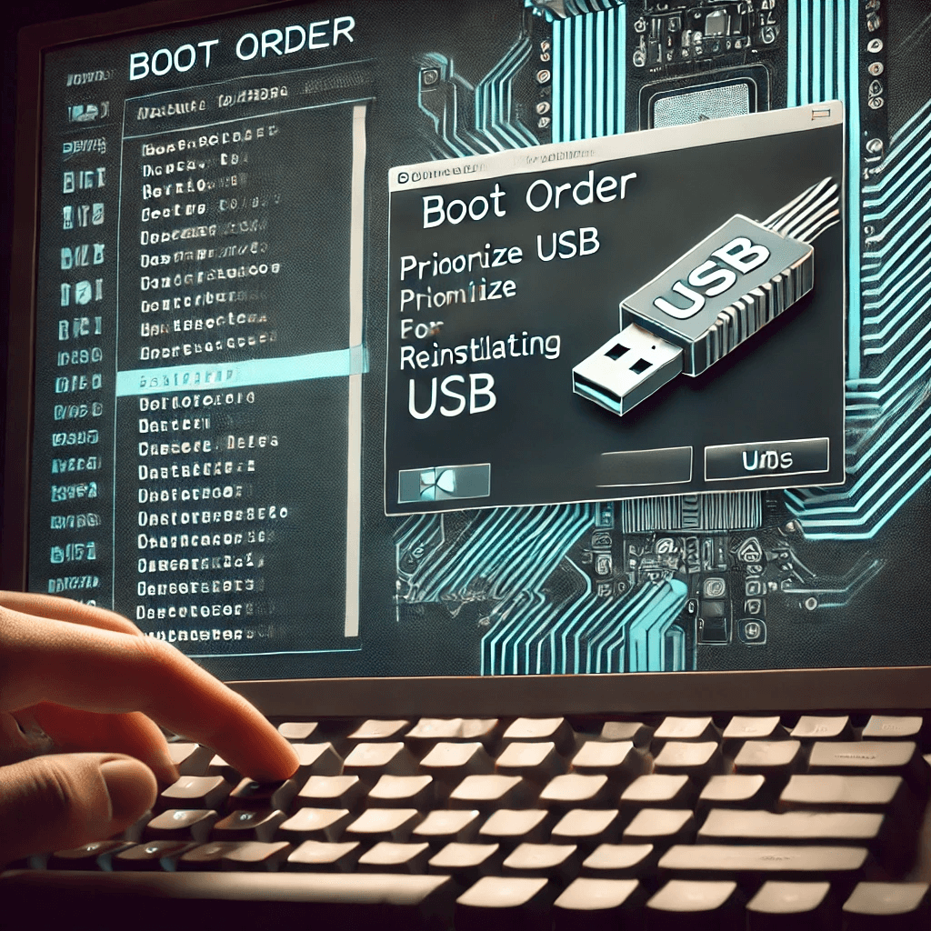 Changing Boot Order in BIOS to Boot from USB for Windows Reinstallation.