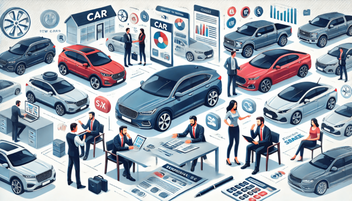 Car dealership with new vehicles on display, buyers discussing options with sales representatives, and finance documents on a desk, capturing the car-buying process