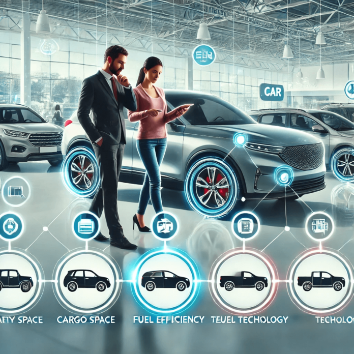 A couple exploring different car types, including an SUV, sedan, and hatchback, in a bright dealership with key features like fuel efficiency and safety highlighted