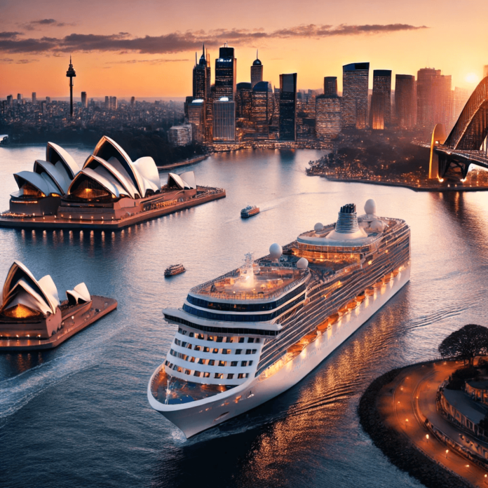 A cruise ship sailing in Sydney Harbor with the Sydney Opera House and Harbour Bridge in the background during sunset.