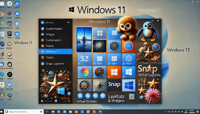 A personalized Windows 11 desktop showcasing a customized Start Menu, pinned apps, unique themes, and Snap Layouts for efficient multitasking