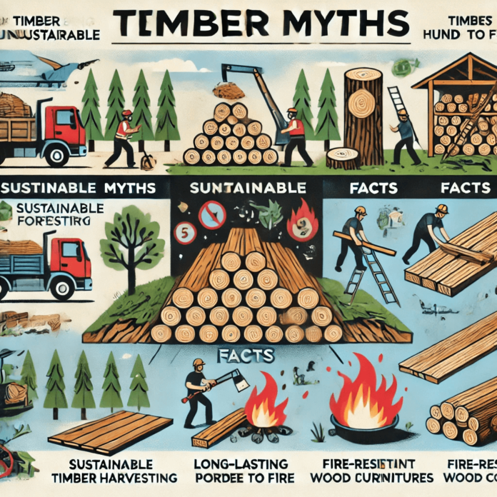 An illustration debunking timber myths, featuring scenes of sustainable timber harvesting, durable hardwood furniture, and fire-resistant wood materials, contrasting with common misconceptions about unsustainable practices and timber's durability.