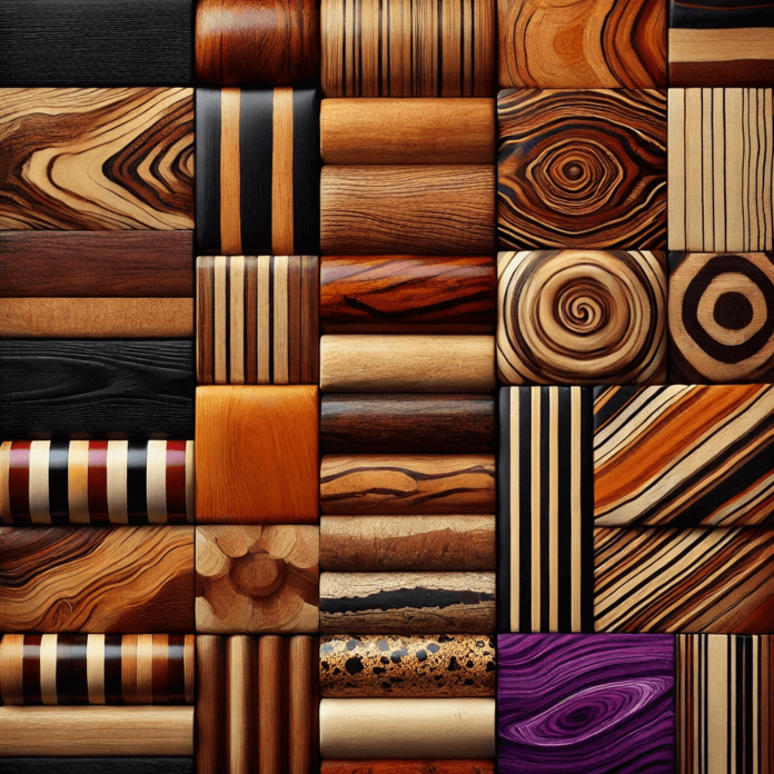 Display of exotic woods: ebony, teak, rosewood, zebrawood, and purpleheart, showcasing their unique grain patterns, colors, and textures.