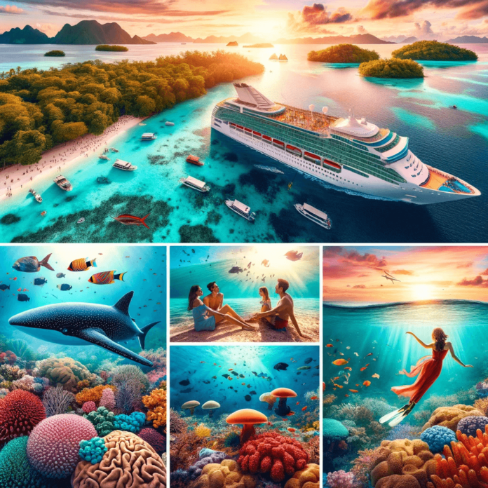 A luxury cruise sailing near Rowley Shoals with clear turquoise waters, travelers snorkeling among vibrant coral reefs, and diverse marine life such as manta rays and colorful fish.