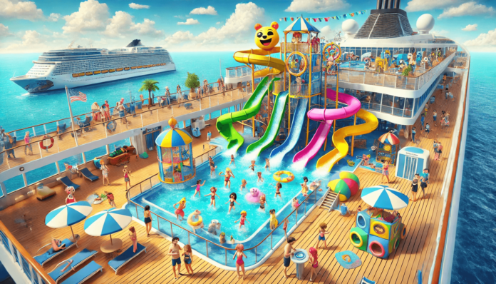 A lively cruise ship deck featuring water slides, splash zones, and kids participating in science workshops and arts and crafts, with families enjoying beach excursions.