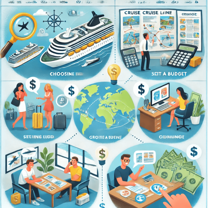 An image detailing the five steps for planning a group cruise, including choosing a cruise line, setting a budget, working with a travel agent, organizing activities, and communicating with the group.