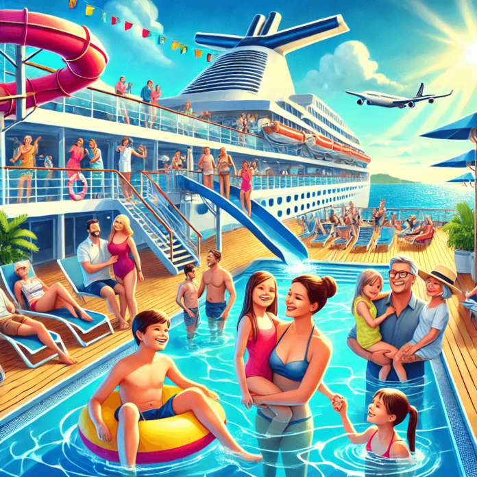 A happy family, including parents, children, and grandparents, enjoying various activities on a cruise ship, such as swimming, relaxing on deck chairs, and taking in ocean views with a tropical destination in the background.