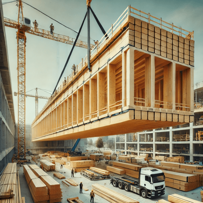 A large laminated veneer lumber (LVL) beam being installed in a modern construction project, demonstrating the strength and stability of engineered wood.