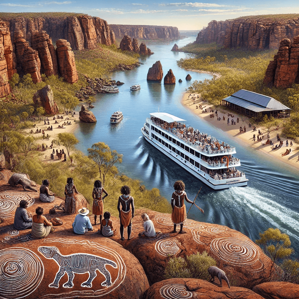 A Kimberley cruise sailing past rugged landscapes and sacred Indigenous rock art, with guides sharing ancient legends amidst the pristine wilderness of the Kimberley region.