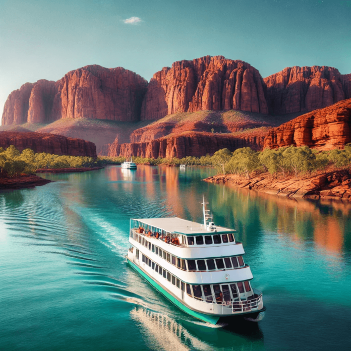 Cruise boat navigating through calm turquoise waters with red cliffs in the Kimberley region during the dry season under a clear blue sky.