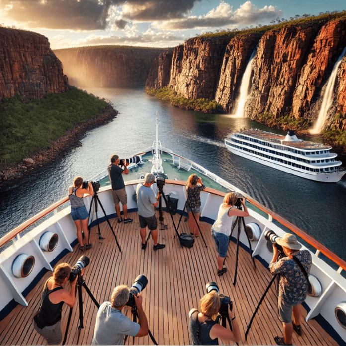 Photographers on a Kimberley cruise workshop capturing breathtaking views of cliffs and waterfalls, with professional guidance on camera techniques aboard a luxury ship.