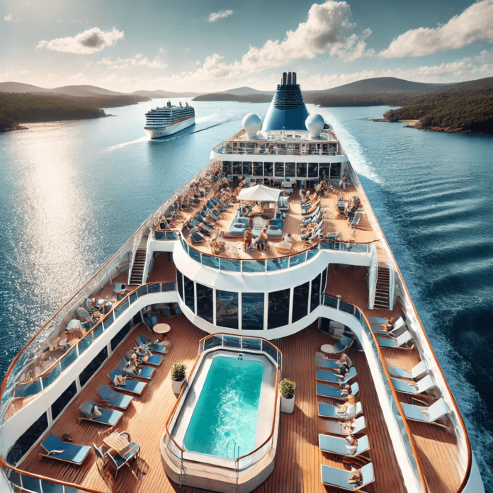 A luxury cruise ship sailing along the Australian coast, with passengers enjoying the deck, pools, and lounge chairs, surrounded by scenic coastal views.