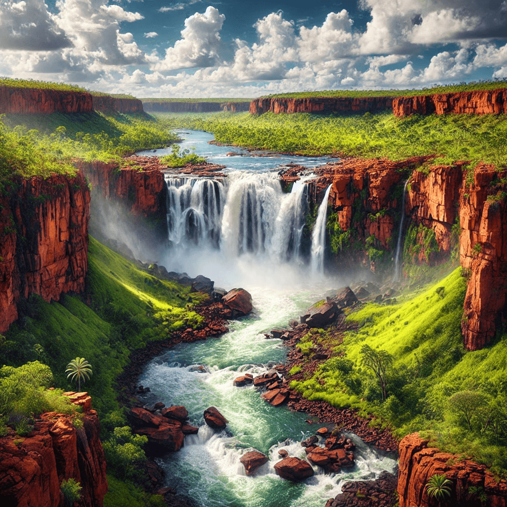 Waterfalls cascading down red cliffs in the Kimberley region, surrounded by lush green vegetation during the wet season.