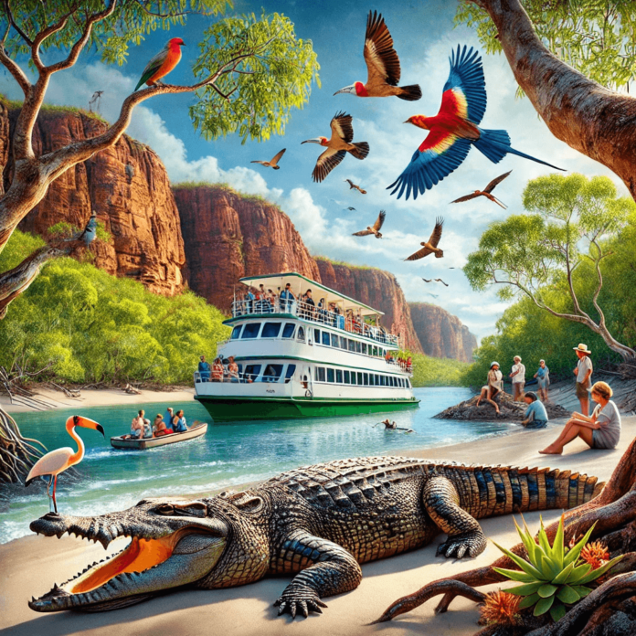 Passengers on a nature-focused Kimberley cruise observing a saltwater crocodile, vibrant birds, lush mangroves, and boab trees with a backdrop of cliffs and clear waters.