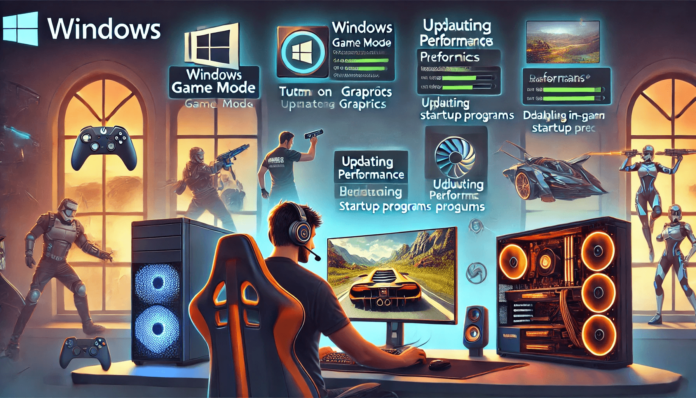 A gamer optimizing Windows settings for gaming performance, adjusting Game Mode, updating drivers, managing background processes, and tweaking in-game graphics settings.