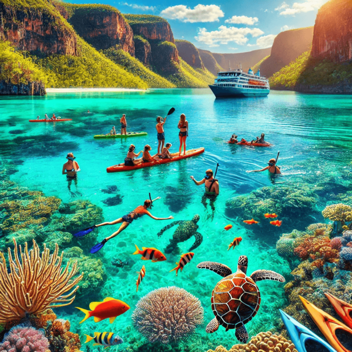 Snorkelers exploring vibrant coral reefs and marine life in the clear waters of the Kimberley region, with kayakers in the background.