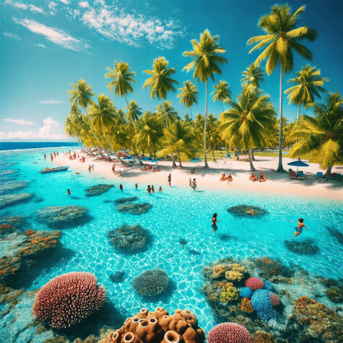 A tropical island with clear blue waters, coral reefs, and palm trees in the South Pacific, featuring people snorkeling and relaxing on the beach.