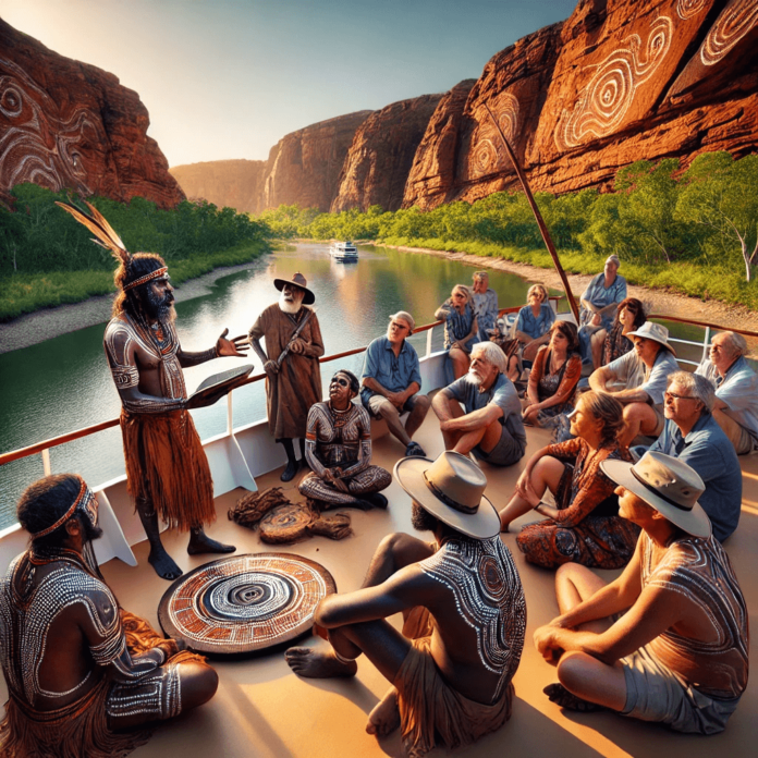 Indigenous guides sharing traditional stories with passengers on a Kimberley cruise, set against cliffs and natural landscapes.