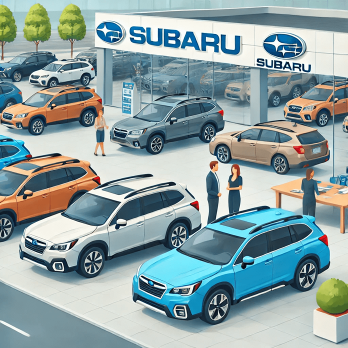 A modern Subaru dealership showcasing multiple models such as the Outback, Forester, and Crosstrek in different colors and trims. Customers browse with a sales representative assisting.