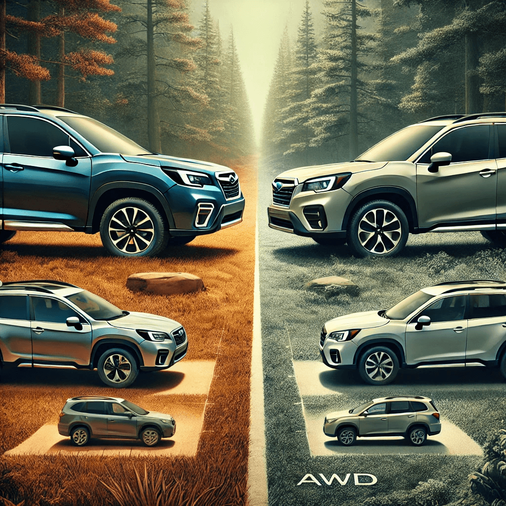 A Subaru Forester compared to competing SUVs, showcasing differences in size, design, and features in an outdoor setting, highlighting Subaru's spacious interior and AWD.