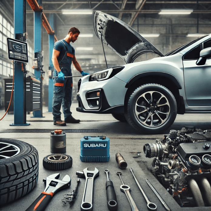 Subaru vehicle undergoing maintenance in a clean garage with tire pressure checks, oil changes, and engine inspection, highlighting essential care tips for new owners.