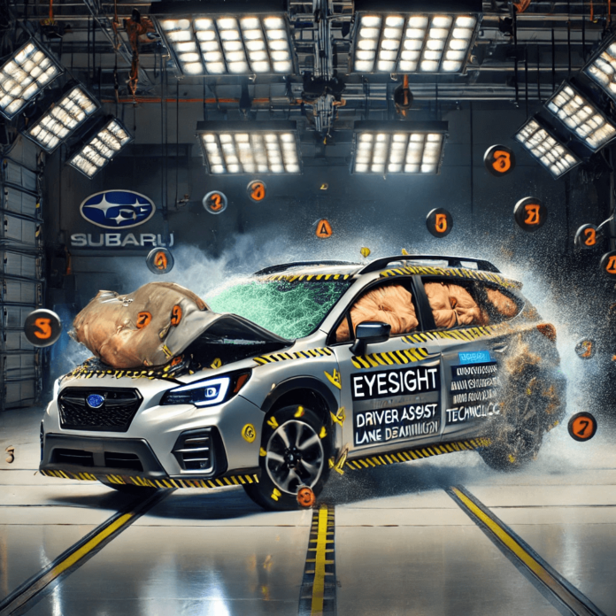 Subaru vehicle showcasing safety features like airbags, EyeSight Driver Assist Technology, and lane departure warning in a crash test environment.