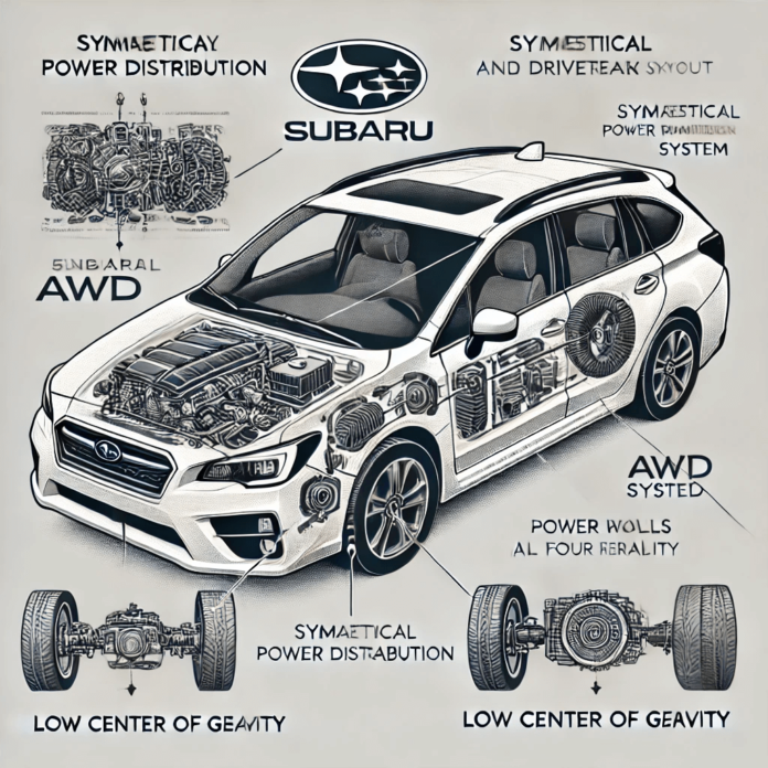 Subaru vehicle driving through snow, rain, and off-road terrain, highlighting the stability and control of the Subaru AWD system