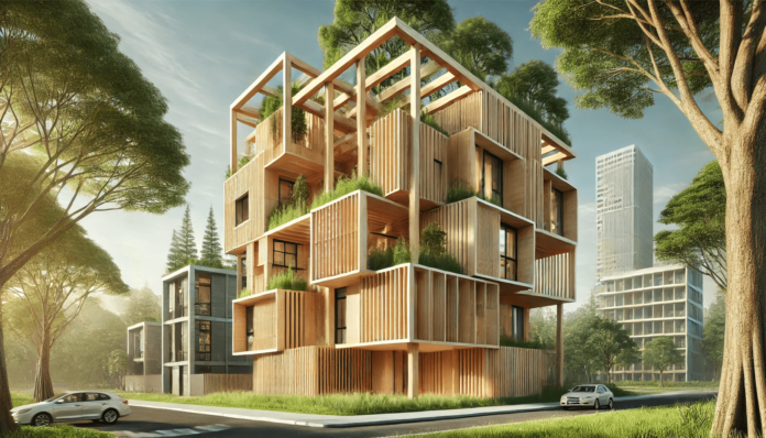 Timber construction project featuring Cross-Laminated Timber (CLT) and Glulam beams with natural wood tones, highlighting eco-friendly building practices.