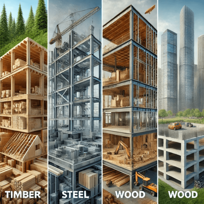 A side-by-side comparison of timber, steel, wood, and concrete in construction settings, highlighting timber beams, steel frames, wood homes, and concrete foundations and walls.