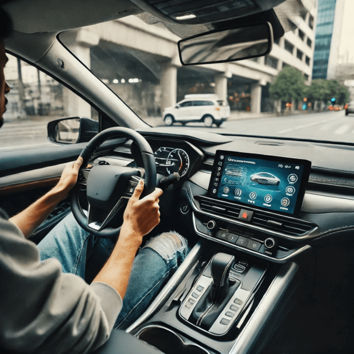 A person test driving a new car, checking the dashboard, infotainment system, and controls while driving through a city street.