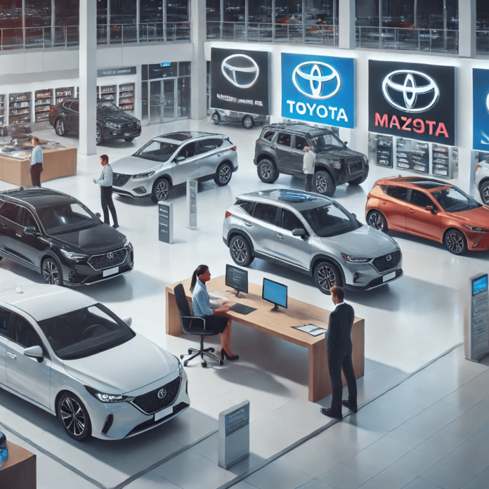 Showrooms of top car dealers in Perth featuring a selection of new and used cars, including brands like Toyota, Mazda, and Nissan, with professional staff assisting customers.