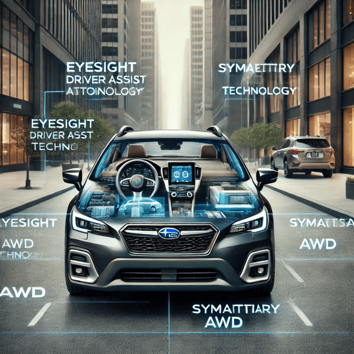 Subaru vehicle showcasing EyeSight Driver Assist, Symmetrical AWD, and Subaru STARLINK multimedia system in a sleek urban setting.