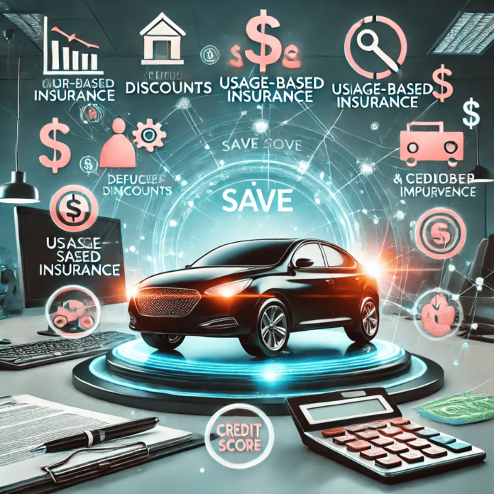 An illustration of smart car insurance savings strategies, featuring deductible charts, discounts, and usage-based insurance programs, highlighting ways to reduce premiums.