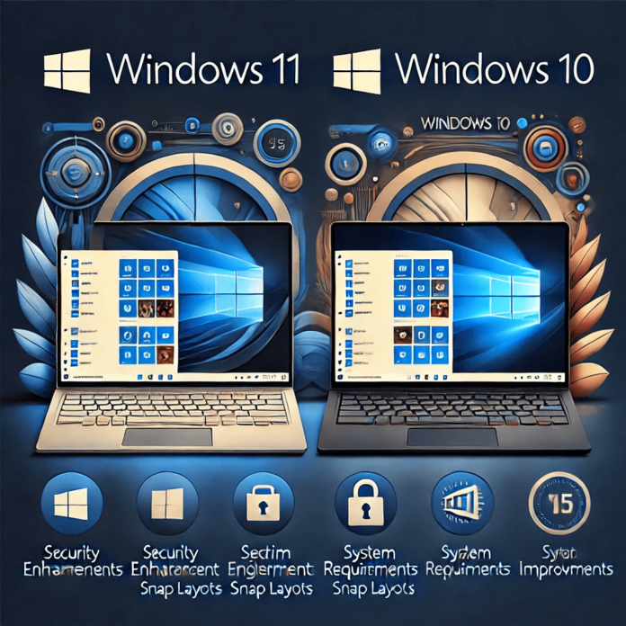 Two laptops side by side, one running Windows 11 with a centered Start Menu and the other running Windows 10 with a left-aligned Start Menu, highlighting key differences