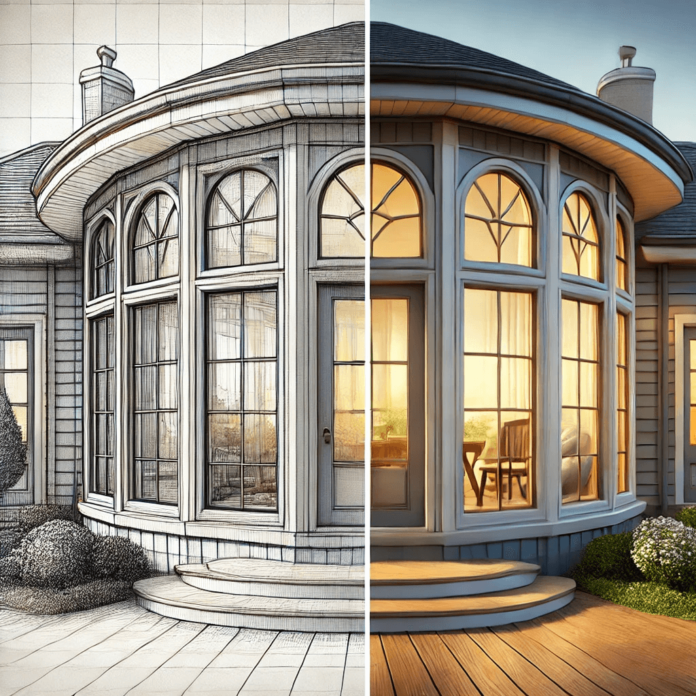 Comparison of a bay window with three panels and a bow window with curved multi-pane design on a home exterior, highlighting differences in style and natural light.