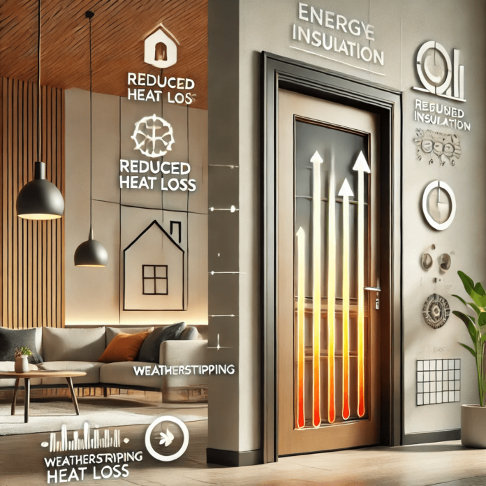 Image showcasing an energy-efficient insulated door with features like thermal insulation, weatherstripping and a comfortable indoor environment in a modern home setting.