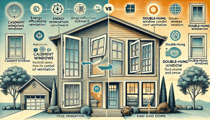 Illustration comparing casement and double-hung windows. Casement window opens outward with a crank for full ventilation, while double-hung windows feature two sashes for controlled airflow.