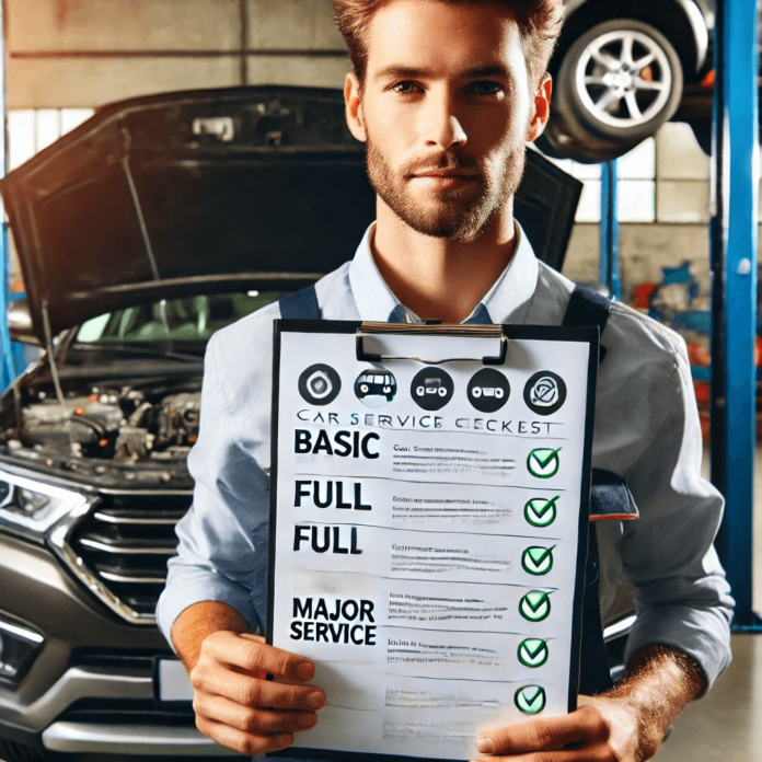 Mechanic holding a checklist with basic, full, and major car service options