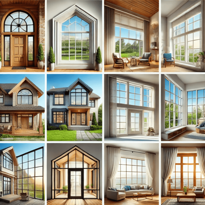 A detailed image showing different window types, including casement, double-hung, sliding, awning, picture, and bay windows, each displayed in various home settings.