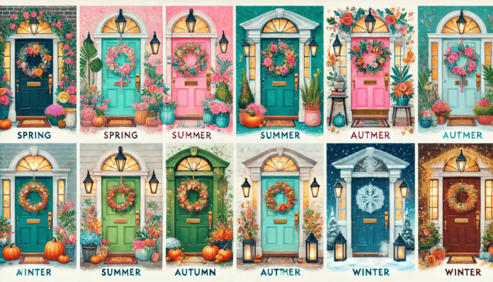 Illustration of a front door decorated for each season, featuring a floral wreath and pastel flowers for spring,and a classic holiday wreath with twinkling lights for winter