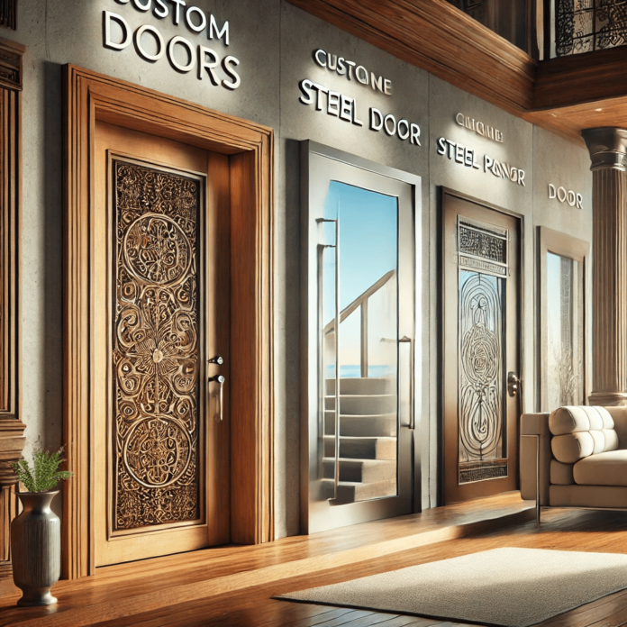 Image showcasing custom doors in a stylish home entryway and a glass panel door with artistic inserts, highlighting personalized design options for adding character to any home's entrance.