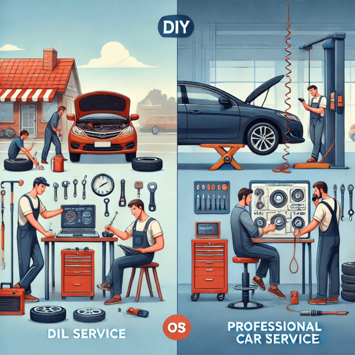 Image comparing DIY car service with a car owner checking oil levels at home and a professional mechanic performing engine diagnostics in a modern auto workshop.