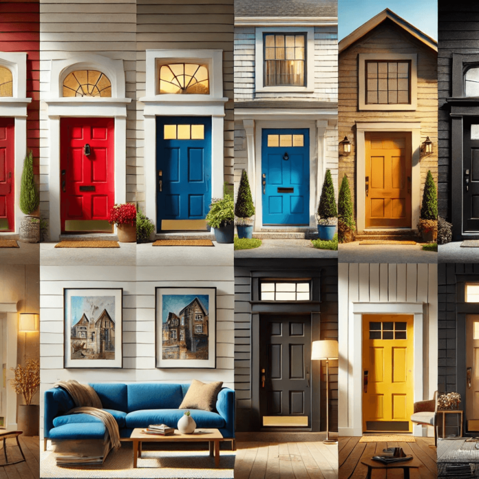 Image showcasing various front door colors including bold red, serene blue, elegant black, and bright yellow, enhancing the curb appeal of different home styles from classic to contemporary.