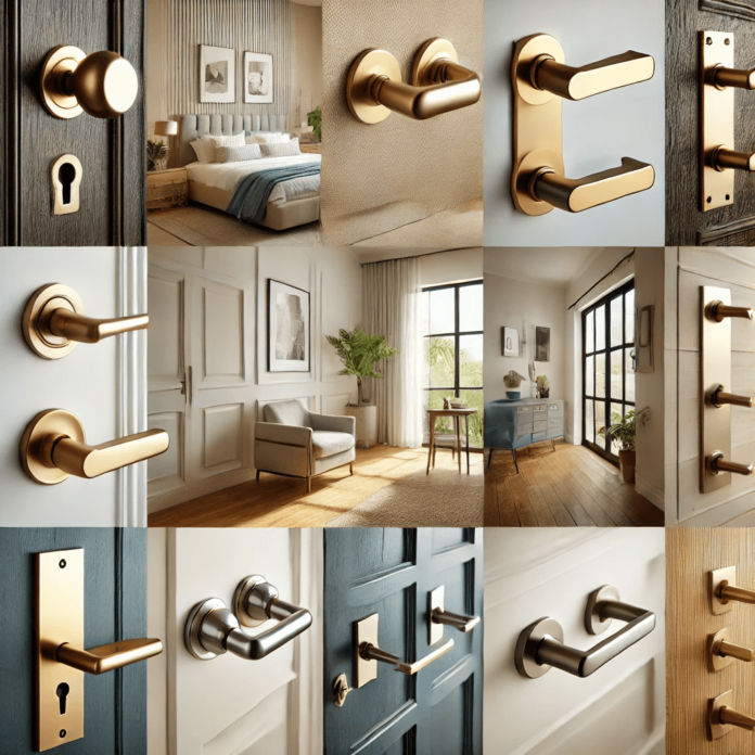 Image featuring a variety of stylish door handles, including modern lever handles, traditional brass knobs, and sleek handles for sliding doors, displayed on bedroom, entry, and sliding barn doors in a contemporary home setting.