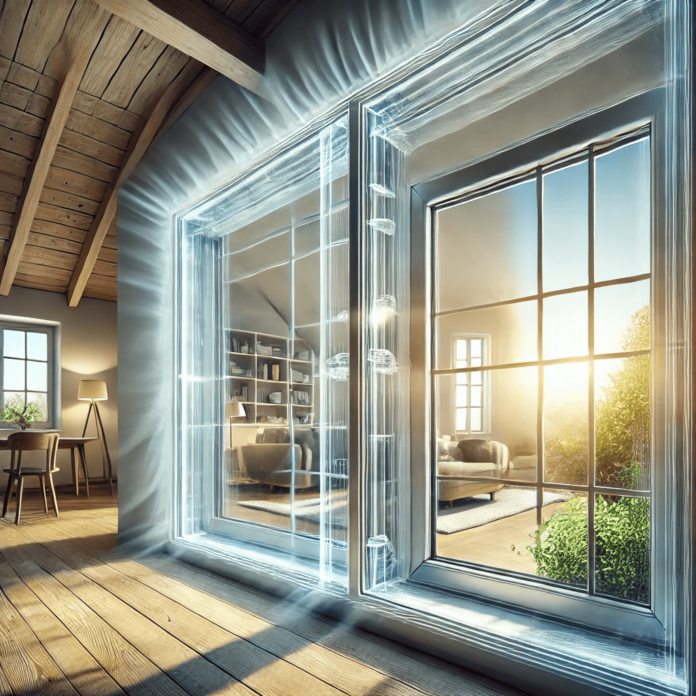 Close-up of a double-pane window showing two glass panes separated by a gas-filled space to improve home insulation and energy efficiency.