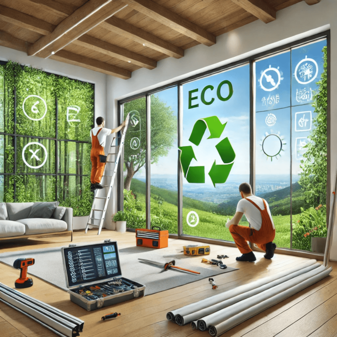 Sustainable window replacement with energy-efficient Low-E glass and recycled frames, highlighting eco-friendly materials and environmental responsibility.